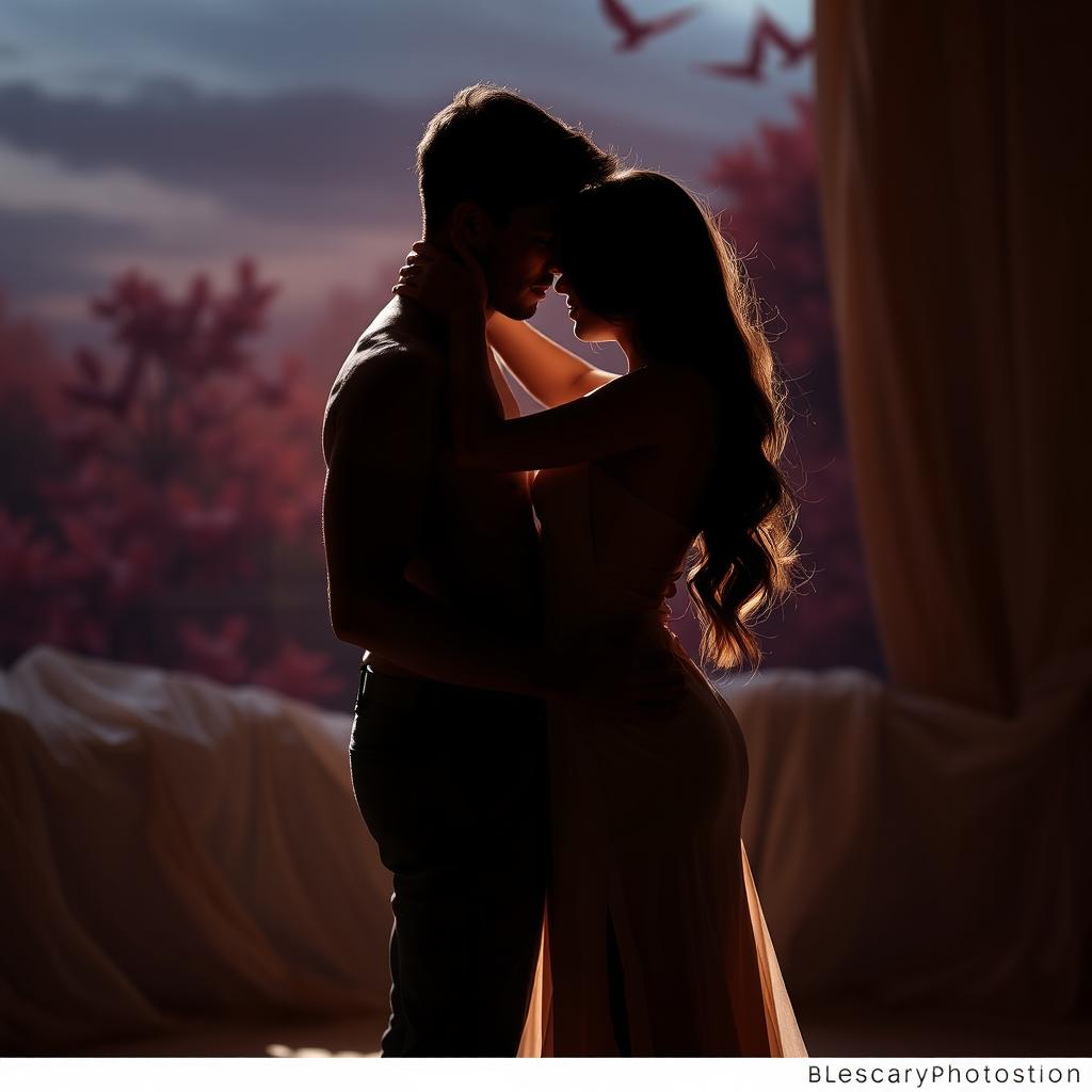 A sensual and intimate scene featuring a couple in an artistic setting, showcasing their connection and passion