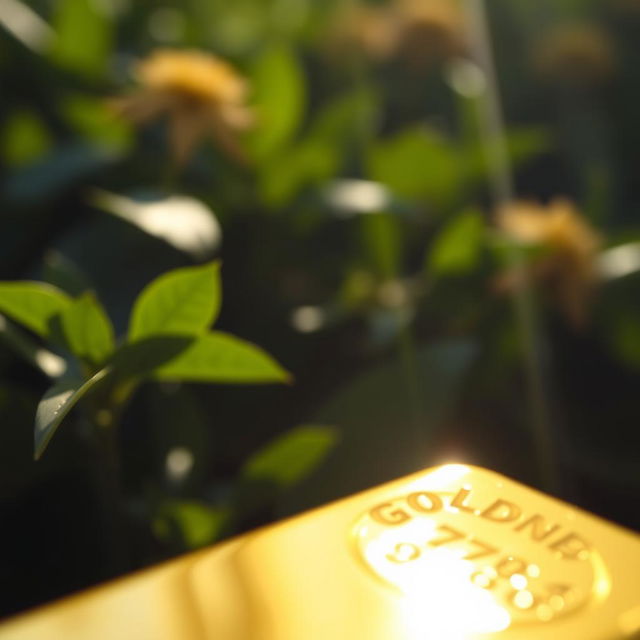 A close-up view of a shiny gold bar, glistening under soft natural light, showcasing its smooth surface and intricate markings