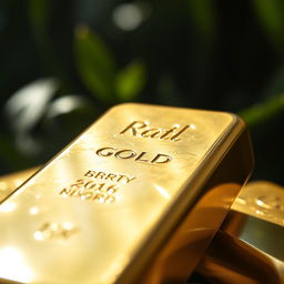 A close-up view of a shiny gold bar, glistening under soft natural light, showcasing its smooth surface and intricate markings