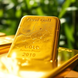 A close-up view of a shiny gold bar, glistening under soft natural light, showcasing its smooth surface and intricate markings