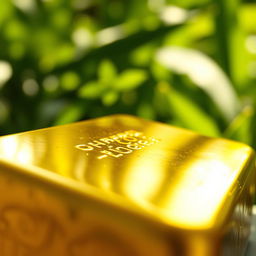 A close-up view of a shiny gold bar, glistening under soft natural light, showcasing its smooth surface and intricate markings