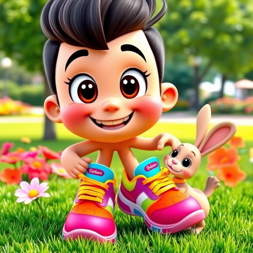 A vibrant cartoon character, standing in a playful pose, wearing colorful sneakers