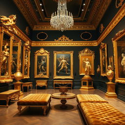 A stunning gold gallery showcasing magnificent golden artwork, sculptures, and frames