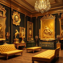 A stunning gold gallery showcasing magnificent golden artwork, sculptures, and frames