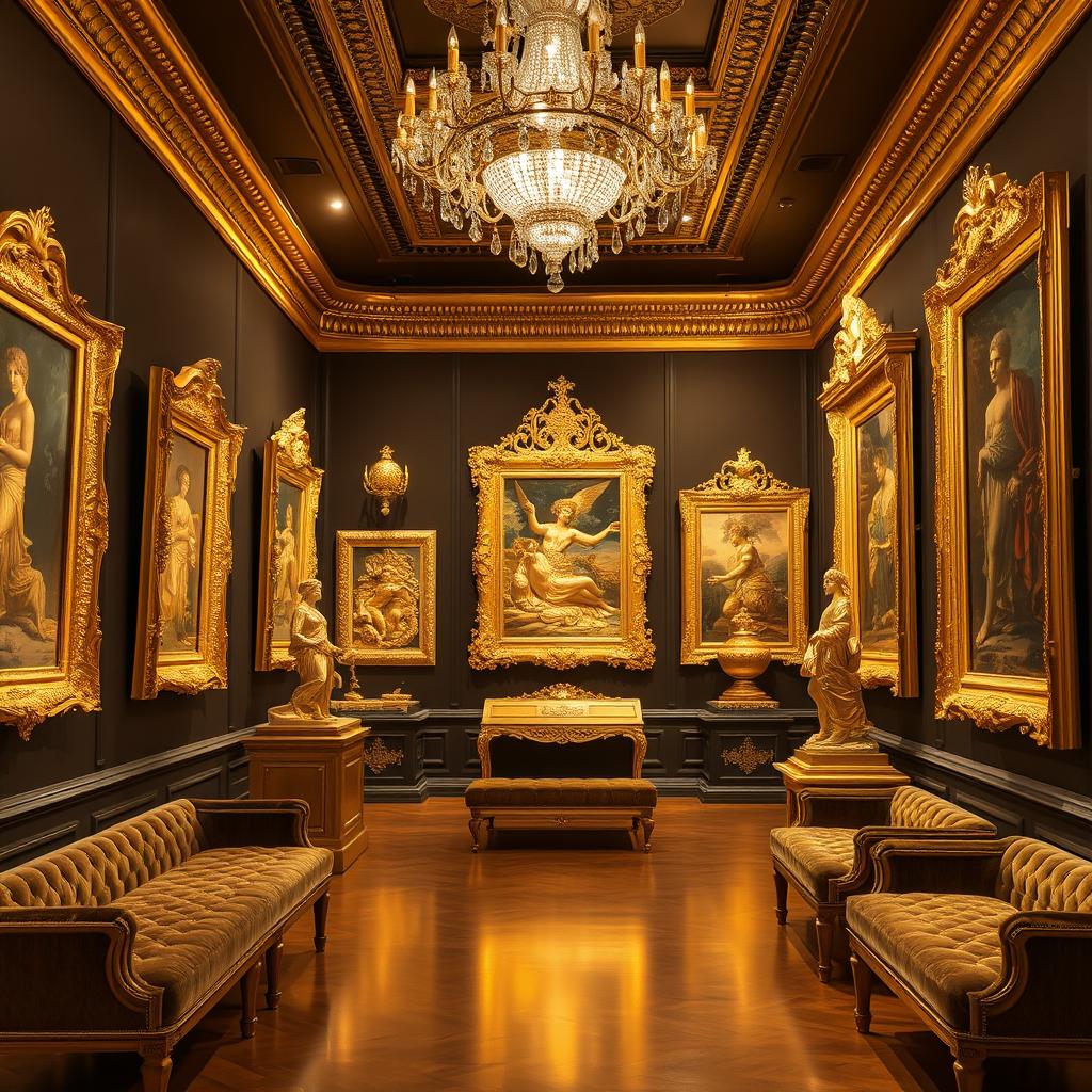 A stunning gold gallery showcasing magnificent golden artwork, sculptures, and frames