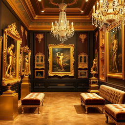 A stunning gold gallery showcasing magnificent golden artwork, sculptures, and frames