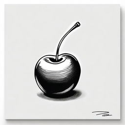 A black and white sharpie drawing of a single cherry