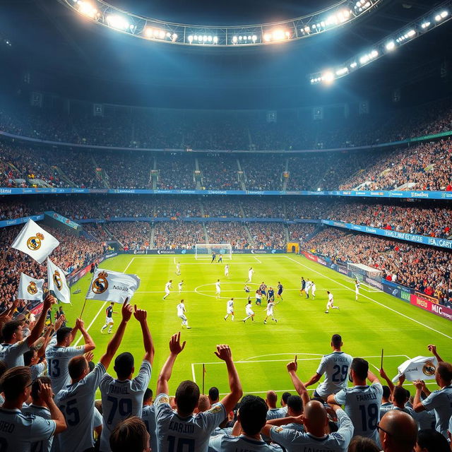 A dynamic and thrilling scene showcasing a Real Madrid football match, filled with passionate fans in the stands waving flags and wearing team jerseys