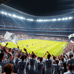 A dynamic and thrilling scene showcasing a Real Madrid football match, filled with passionate fans in the stands waving flags and wearing team jerseys