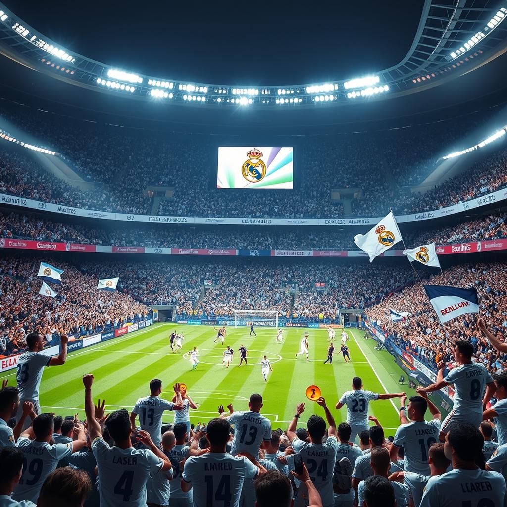 A dynamic and thrilling scene showcasing a Real Madrid football match, filled with passionate fans in the stands waving flags and wearing team jerseys