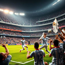 A dynamic and thrilling scene showcasing a Real Madrid football match, filled with passionate fans in the stands waving flags and wearing team jerseys