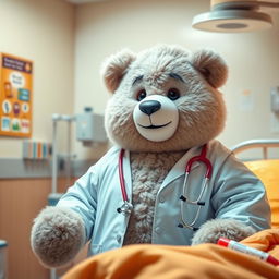 A large, fluffy bear dressed as a doctor, standing beside a hospital bed