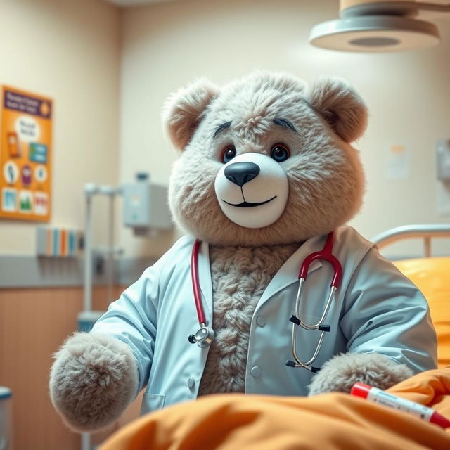 A large, fluffy bear dressed as a doctor, standing beside a hospital bed