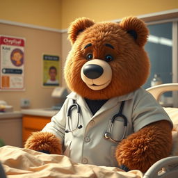 A large, fluffy bear dressed as a doctor, standing beside a hospital bed