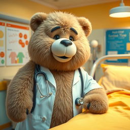 A large, fluffy bear dressed as a doctor, standing beside a hospital bed
