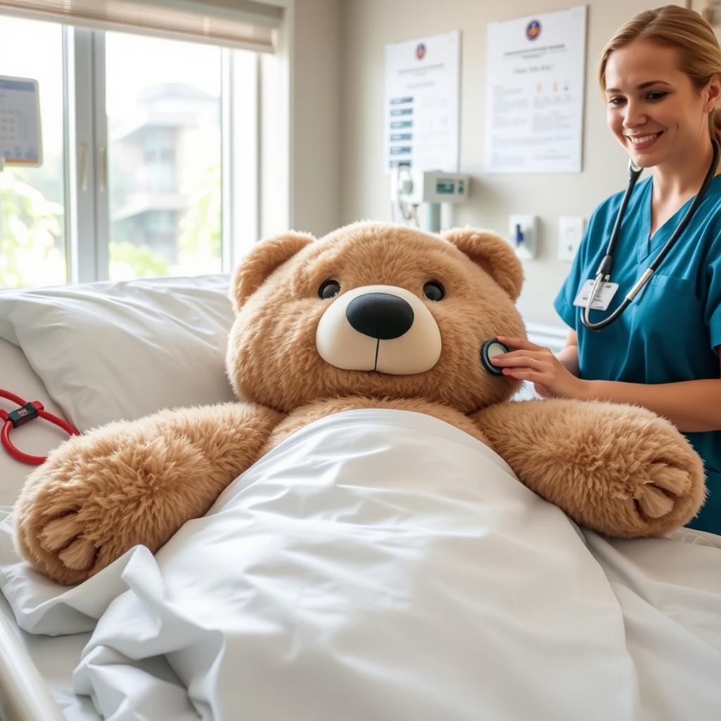 A large, fluffy bear lying comfortably in a hospital bed, surrounded by bright white sheets and colorful medical equipment