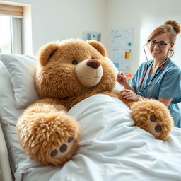A large, fluffy bear lying comfortably in a hospital bed, surrounded by bright white sheets and colorful medical equipment