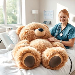 A large, fluffy bear lying comfortably in a hospital bed, surrounded by bright white sheets and colorful medical equipment