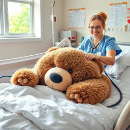 A large, fluffy bear lying comfortably in a hospital bed, surrounded by bright white sheets and colorful medical equipment