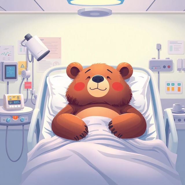 A big bear comfortably lying in a hospital bed as a patient, surrounded by medical equipment and nurses attending to it