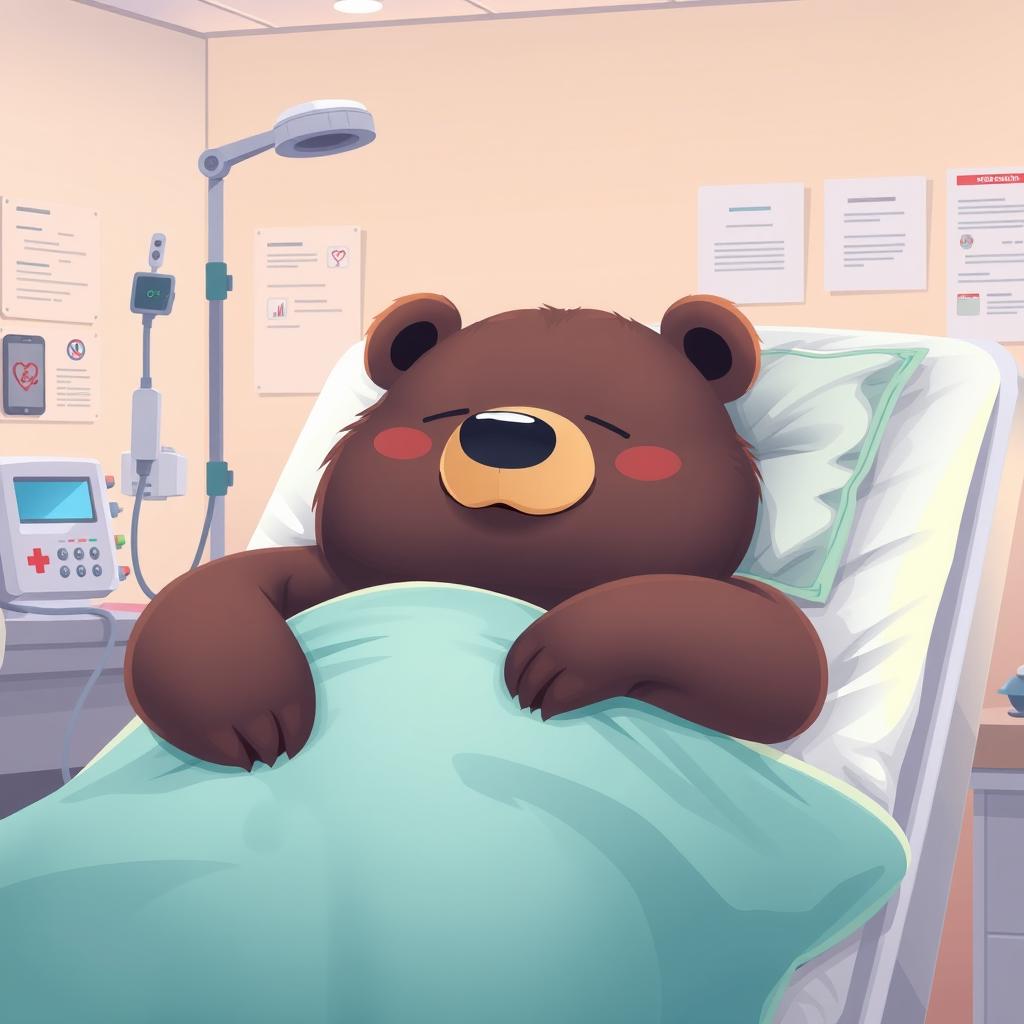 A big bear comfortably lying in a hospital bed as a patient, surrounded by medical equipment and nurses attending to it
