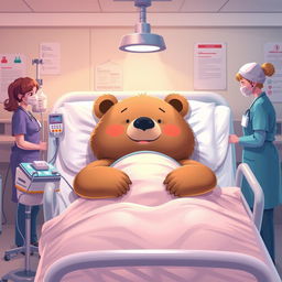 A big bear comfortably lying in a hospital bed as a patient, surrounded by medical equipment and nurses attending to it