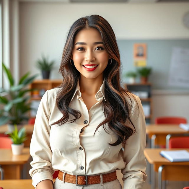 A stunningly attractive South Korean woman with very large, round breasts, dressed in a fashionable and slightly flirtatious outfit suitable for a university lecturer