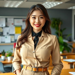 A stunningly attractive South Korean woman with very large, round breasts, dressed in a fashionable and slightly flirtatious outfit suitable for a university lecturer