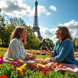 A beautiful and romantic scene set next to the Eiffel Tower in Paris, featuring a couple enjoying a lovely picnic on the grass