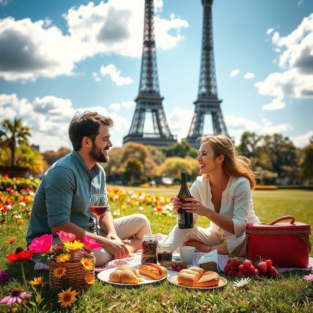 A beautiful and romantic scene set next to the Eiffel Tower in Paris, featuring a couple enjoying a lovely picnic on the grass