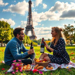 A beautiful and romantic scene set next to the Eiffel Tower in Paris, featuring a couple enjoying a lovely picnic on the grass