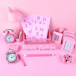 A vibrant and aesthetically pleasing study table setting featuring an assortment of pink stationery items