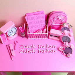A vibrant and aesthetically pleasing study table setting featuring an assortment of pink stationery items