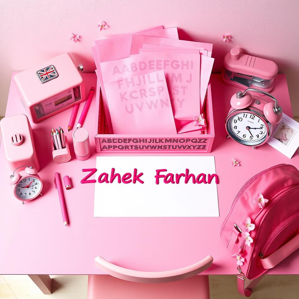 A vibrant and aesthetically pleasing study table setting featuring an assortment of pink stationery items