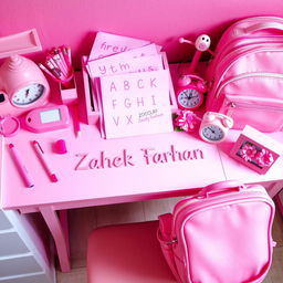 A vibrant and aesthetically pleasing study table setting featuring an assortment of pink stationery items