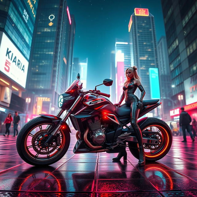 A stunning scene set in a neon-lit cityscape at night, vibrant with technological flair