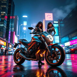 A stunning scene set in a neon-lit cityscape at night, vibrant with technological flair