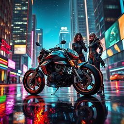 A stunning scene set in a neon-lit cityscape at night, vibrant with technological flair