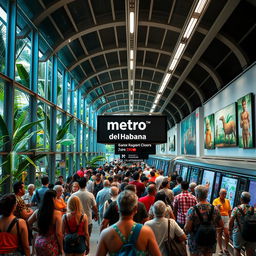 An excellent and modern metro station in a vibrant tropical city, featuring the sign 'Metro de la Habana'