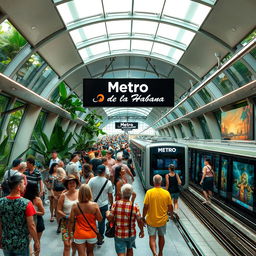 An excellent and modern metro station in a vibrant tropical city, featuring the sign 'Metro de la Habana'