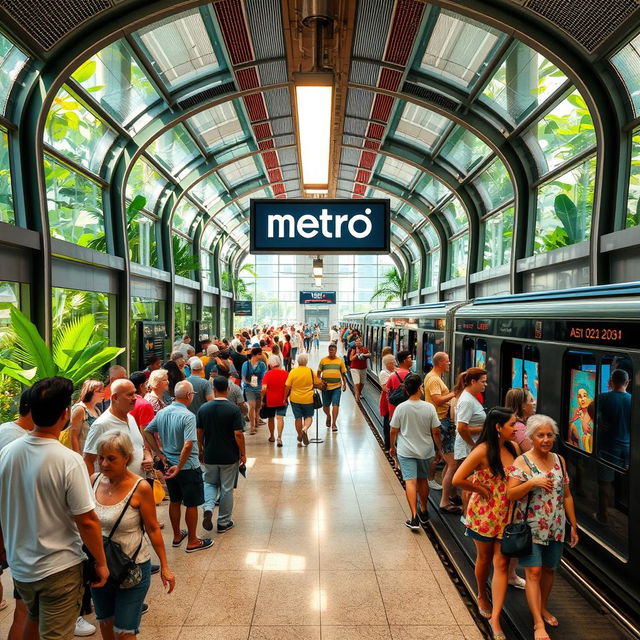 An excellent and modern metro station in a vibrant tropical city, featuring the sign 'Metro de la Habana'