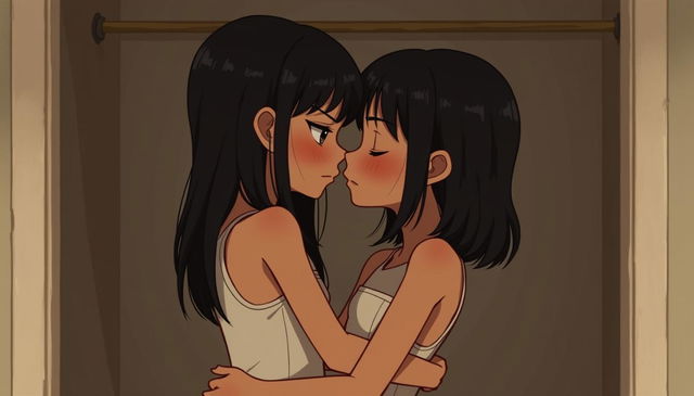 A tender image of two tween girls with thin builds and black hair, facing each other intimately in an empty closet