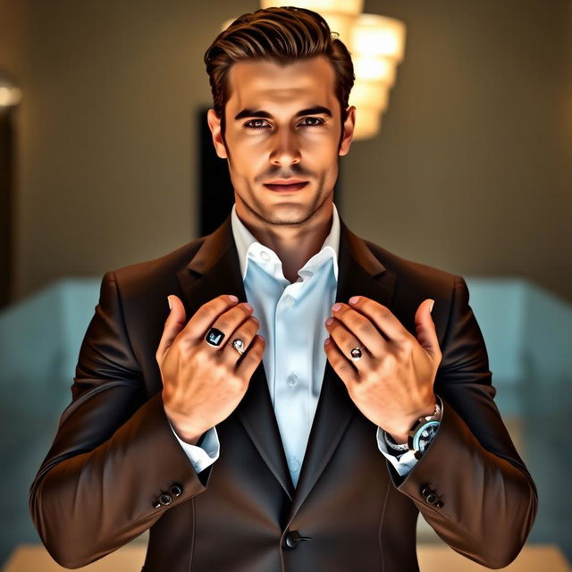 A stylish man dressed in a sleek, tailored suit, showcasing an elegant black diamond on each hand, glinting under a soft light