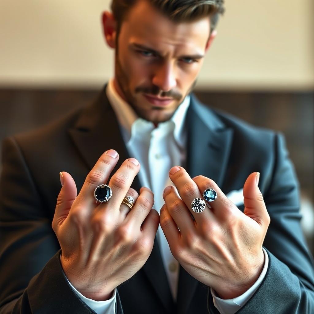 A stylish man dressed in a sleek, tailored suit, showcasing an elegant black diamond on each hand, glinting under a soft light