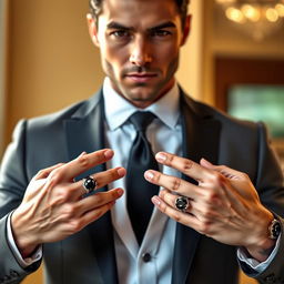 A stylish man dressed in a sleek, tailored suit, showcasing an elegant black diamond on each hand, glinting under a soft light