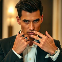 A stylish man dressed in a sleek, tailored suit, showcasing an elegant black diamond on each hand, glinting under a soft light