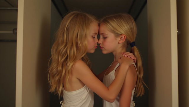 A tender image of two tween girls with thin builds and blonde hair, facing each other closely in an empty closet