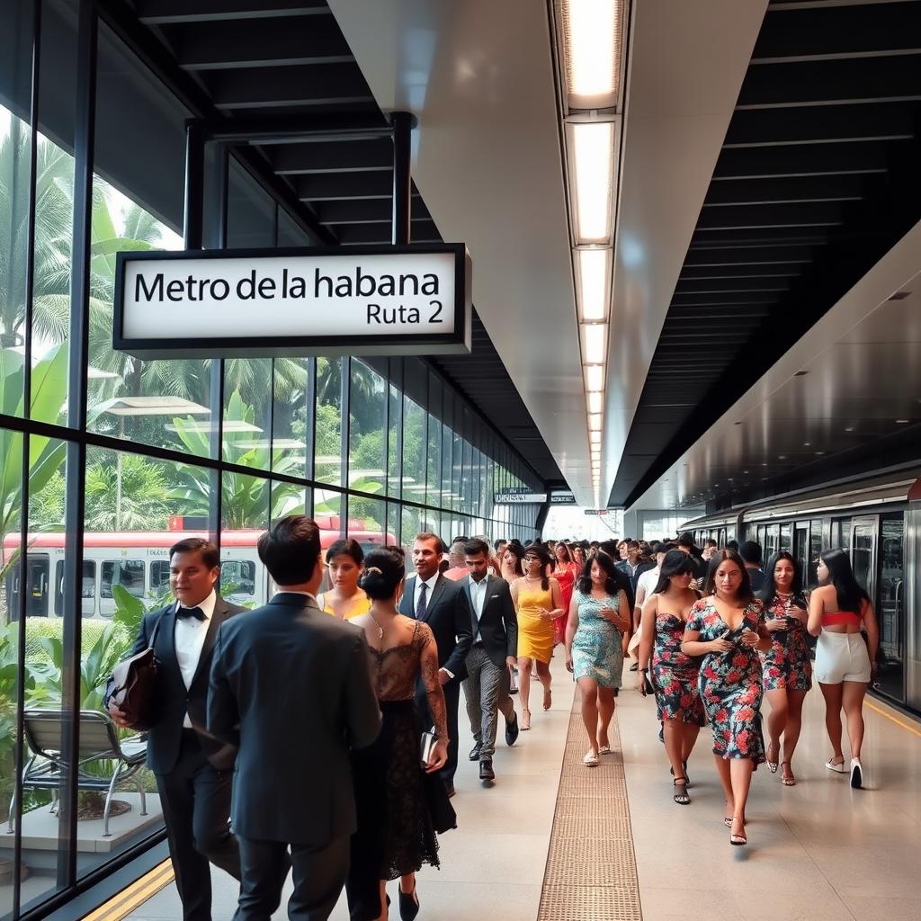 A sleek and modern subway station set in a vibrant tropical city