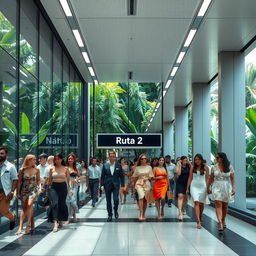 A sleek and modern subway station set in a vibrant tropical city