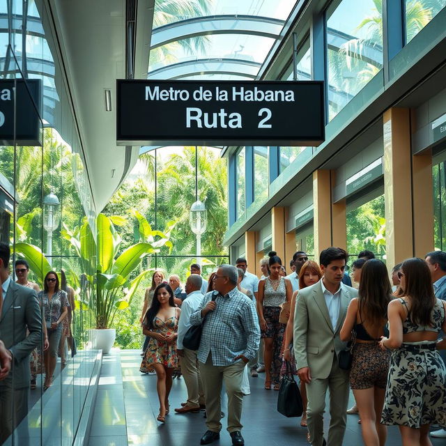 A sleek and modern subway station set in a vibrant tropical city